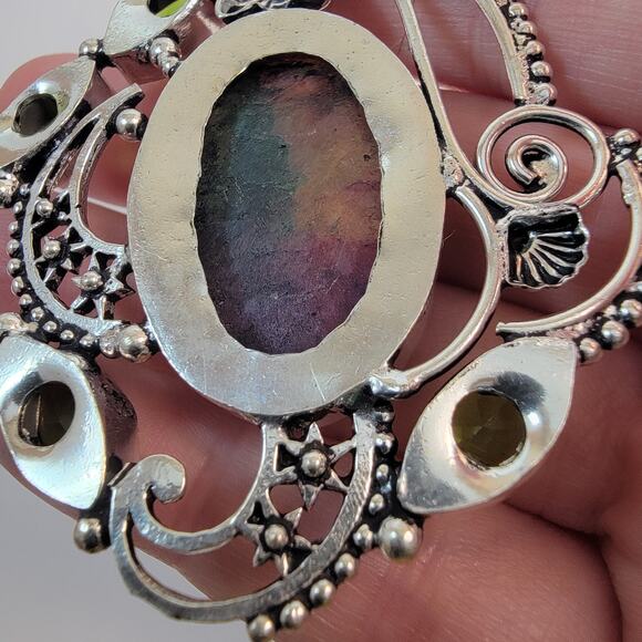Handmade Rainbow Fluorite Pendant with Peridot in Sterling Silver Floral Setting - Picture 7 of 10